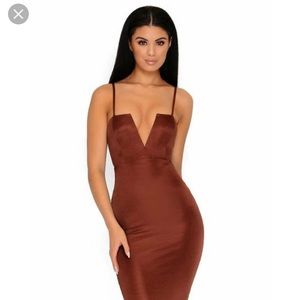 Oh Polly Deep & Brown Structured Midi Dress